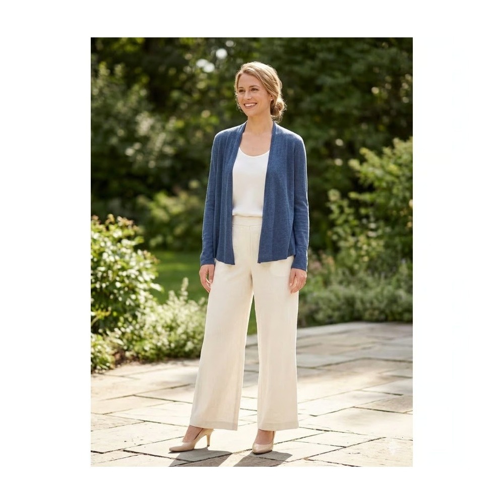 Eileen Fisher Women 100% Linen Cardigan L Blue Coastal Open Front Lightweight